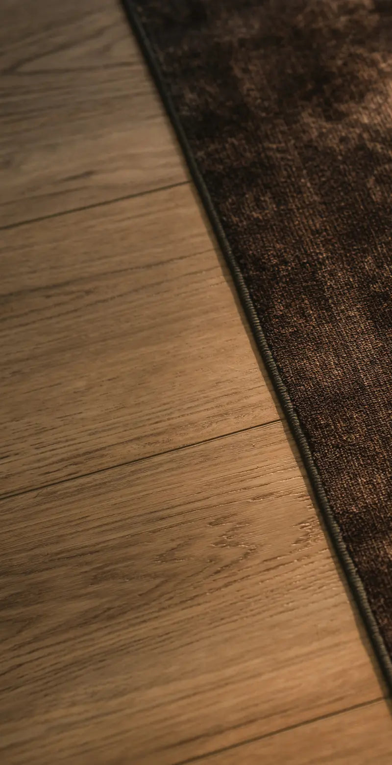 A warm oak-look Flooret floor meeting the edge of a dark rug in low sunlight